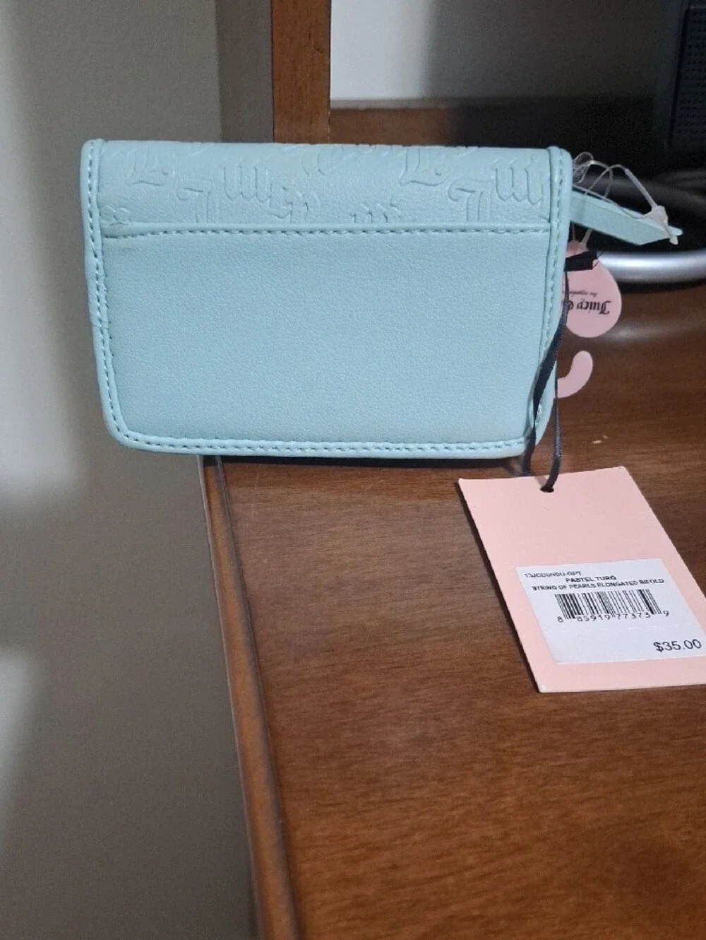Juicy Couture Pastel Turquoise Rhinestone-Logo Compact Wallet